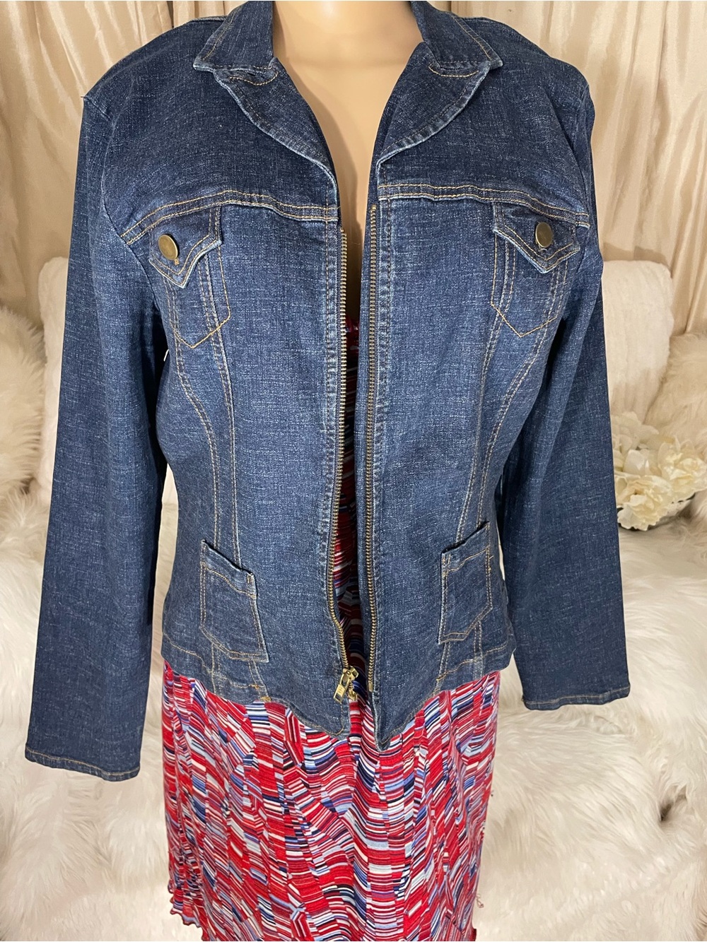 CDC Dark Blue Denim Zip-Front Jacket &  a Sexy Slimming red & blue Bodycon Dress